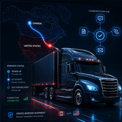 Canada–U.S. cross-border freight logistics with truck shipment tracking and coordinated freight communication