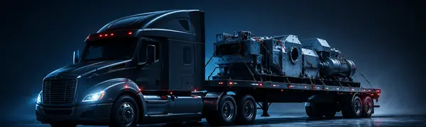 Flatbed truck carrying secured industrial equipment